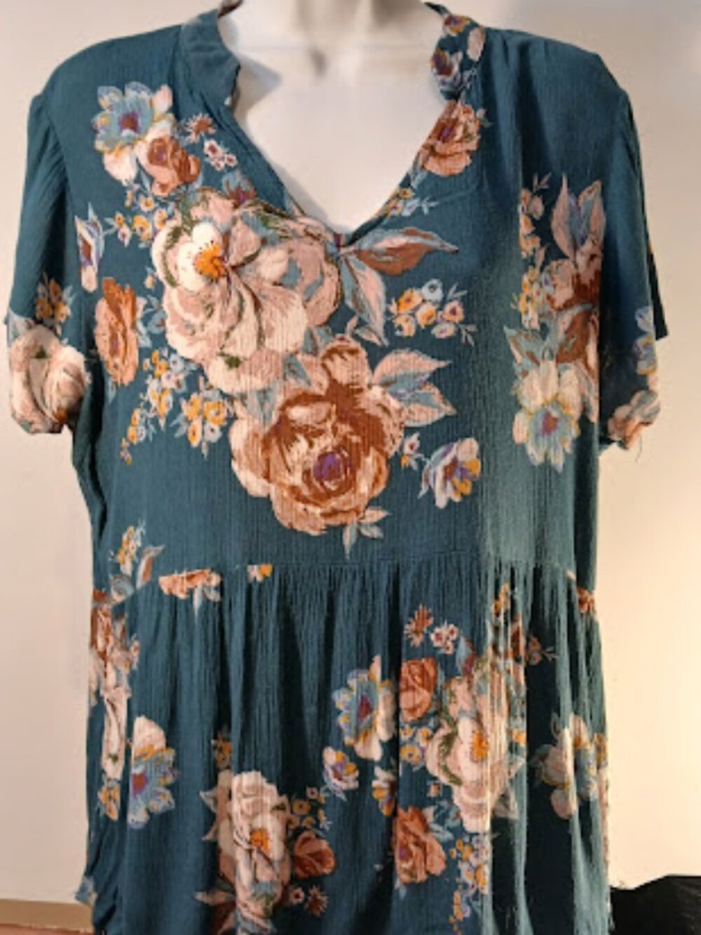 Staccato L Teal Green Floral Babydoll Hi Lo top